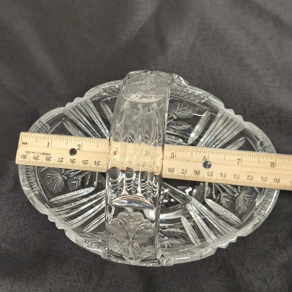 Vintage Crystal Glass Basket Frosted Floral Etched Scalloped Candy Dish 8